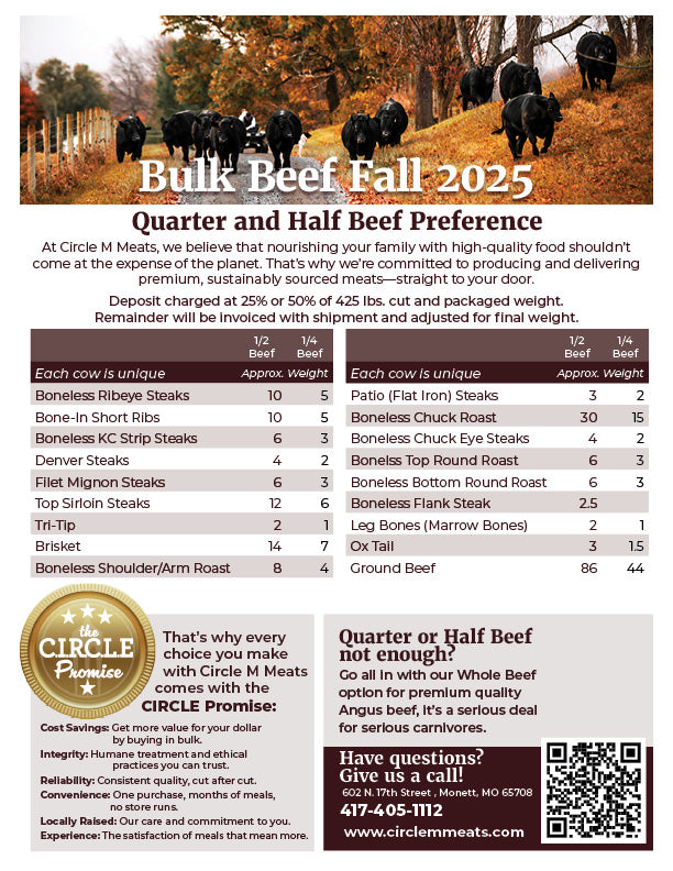 Quarter Beef  $12.00 per lb - 25% Deposit